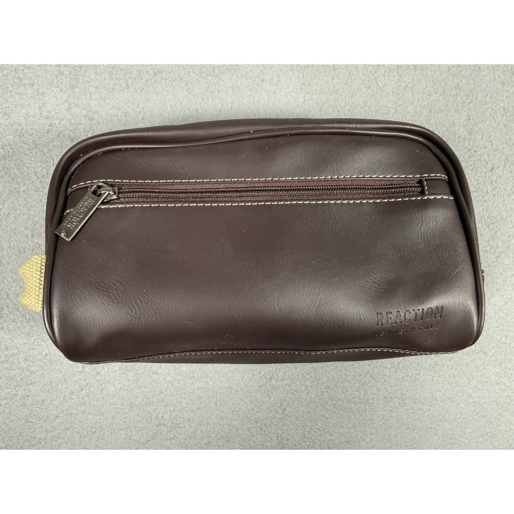 Kenneth Cole Reaction Men's Toiletry Bag Travel Kit Faux Leather Brown EUC #0035